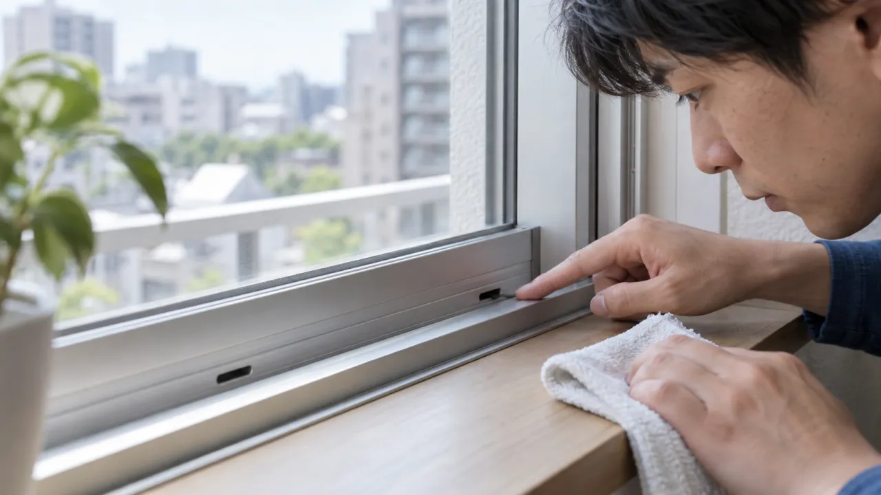 サッシ下部の排水溝を点検する様子
