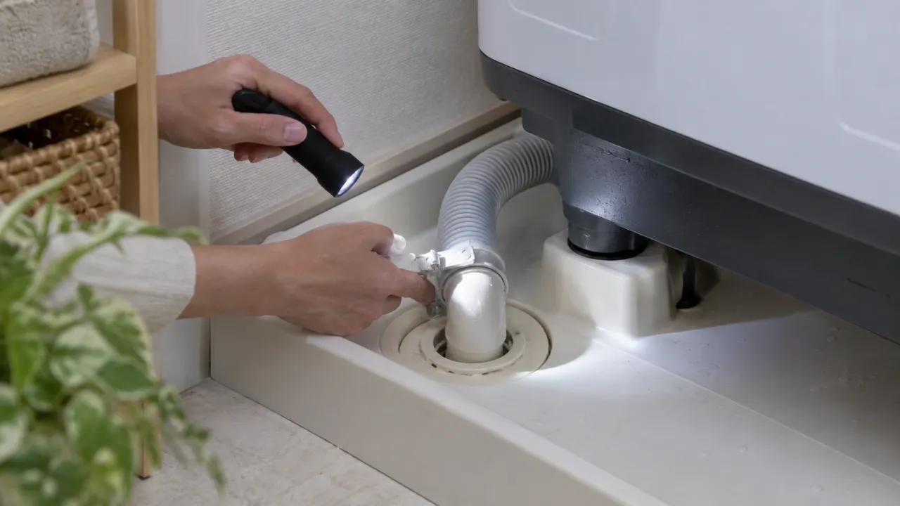 排水ホースと防水パンの接続部を確認する場面