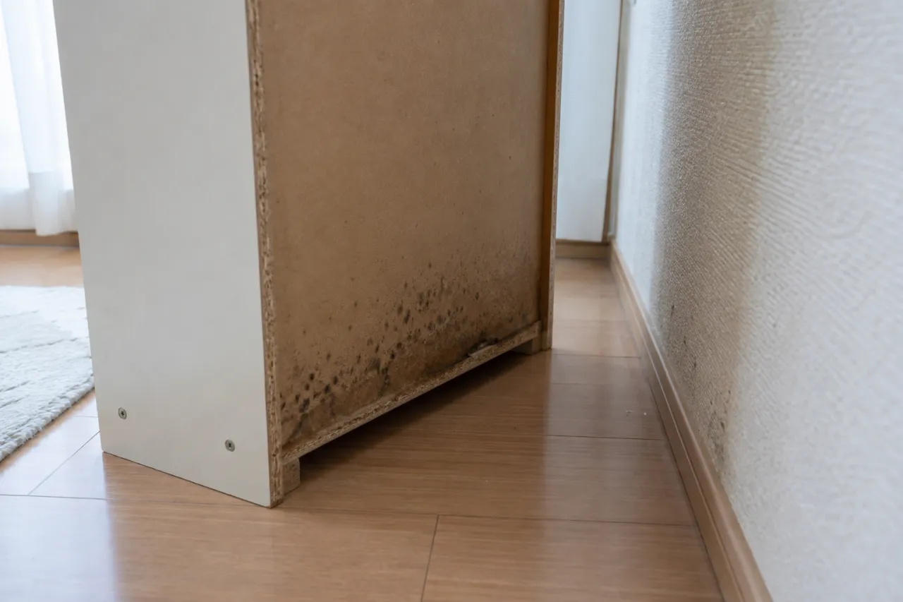 カラーボックスの背板と壁面を離して比較する様子