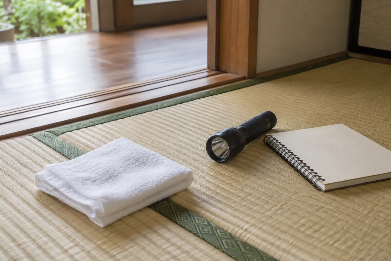 畳のお手入れ方法を確認する前に用意した乾いた布と記録用具