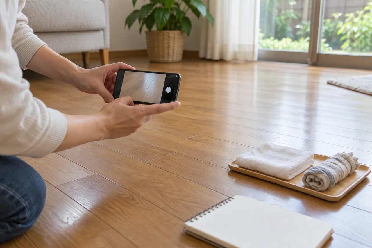 床のお手入れ前に用意した布と床の写真を記録する手元