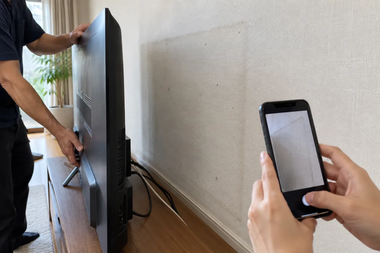テレビ背面の壁紙に見える変色