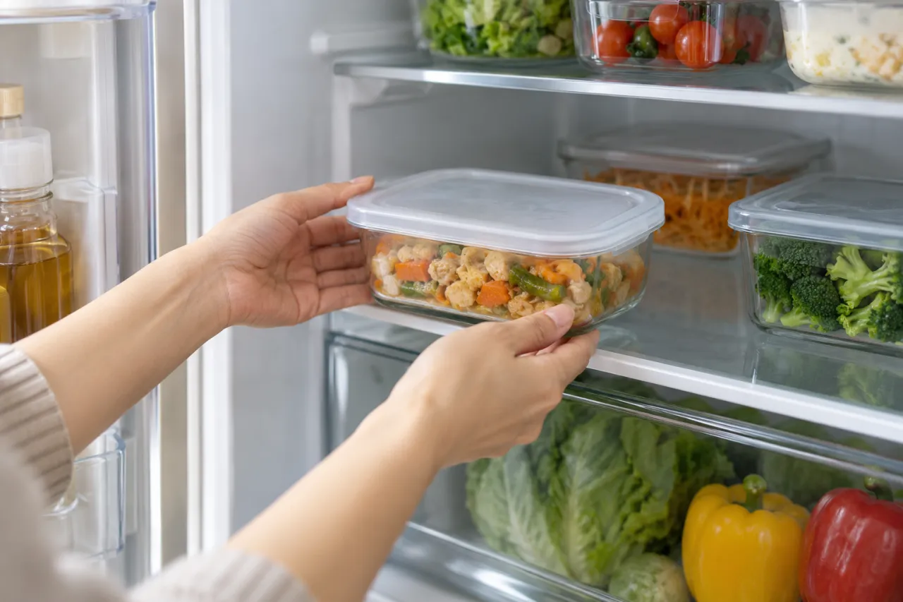 ふた付き容器に入れた調理済み食品を冷蔵庫へ収める様子