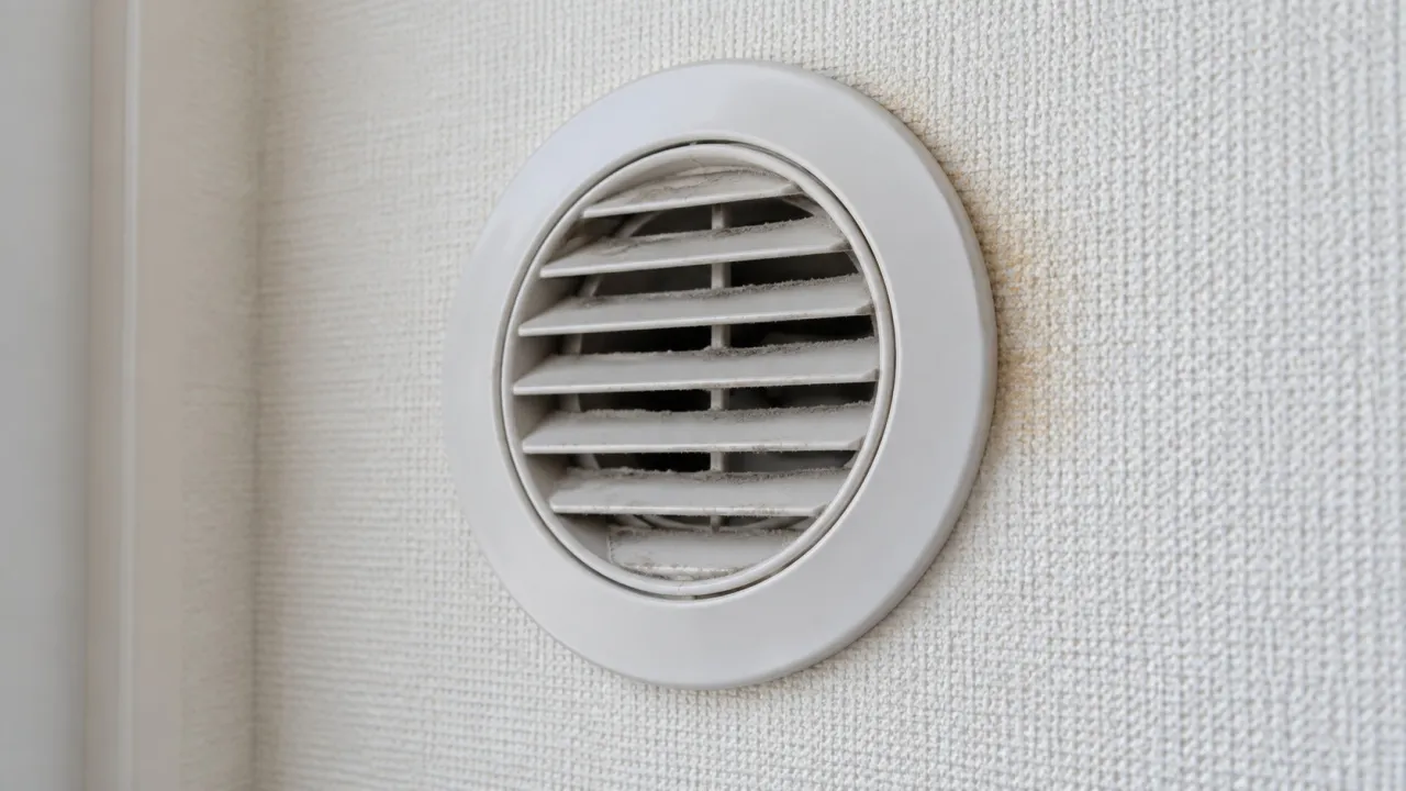 給気口の縁と壁紙の黒い付着を近くで見る