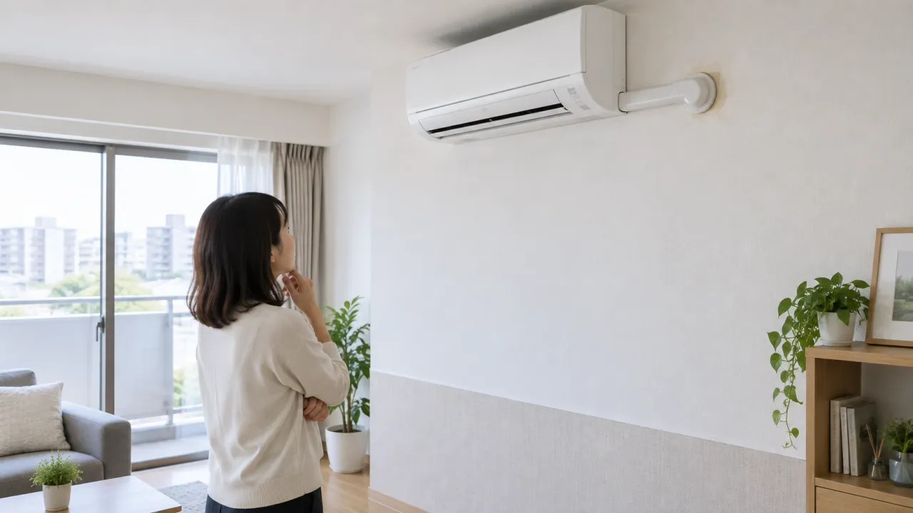 エアコンと周辺の壁を離れた位置から見る