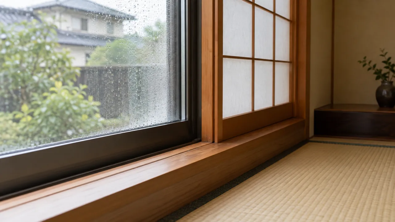 窓ガラスと障子と敷居の位置を同時に示す画像