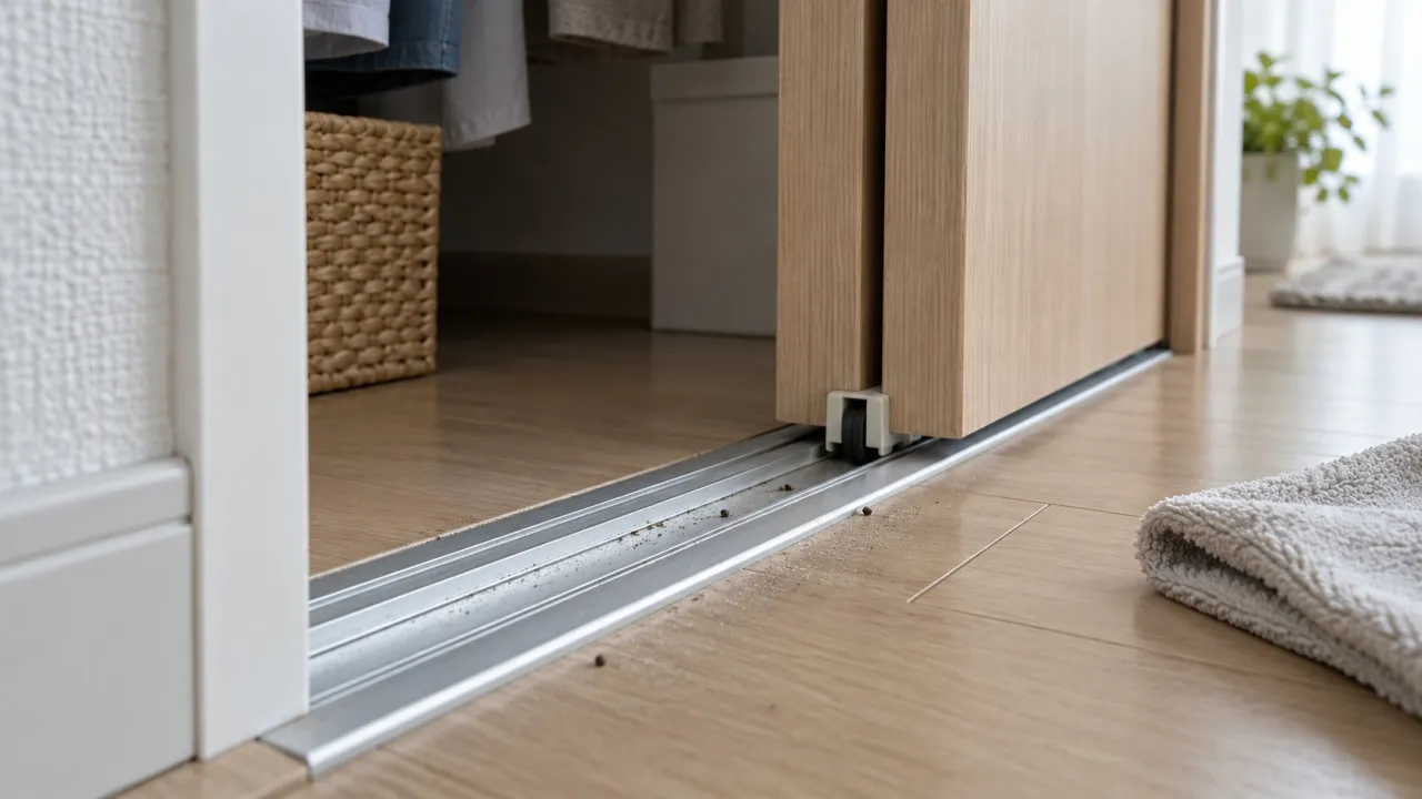 クローゼット下レールの溝と小さな付着物を示す参考近接画像