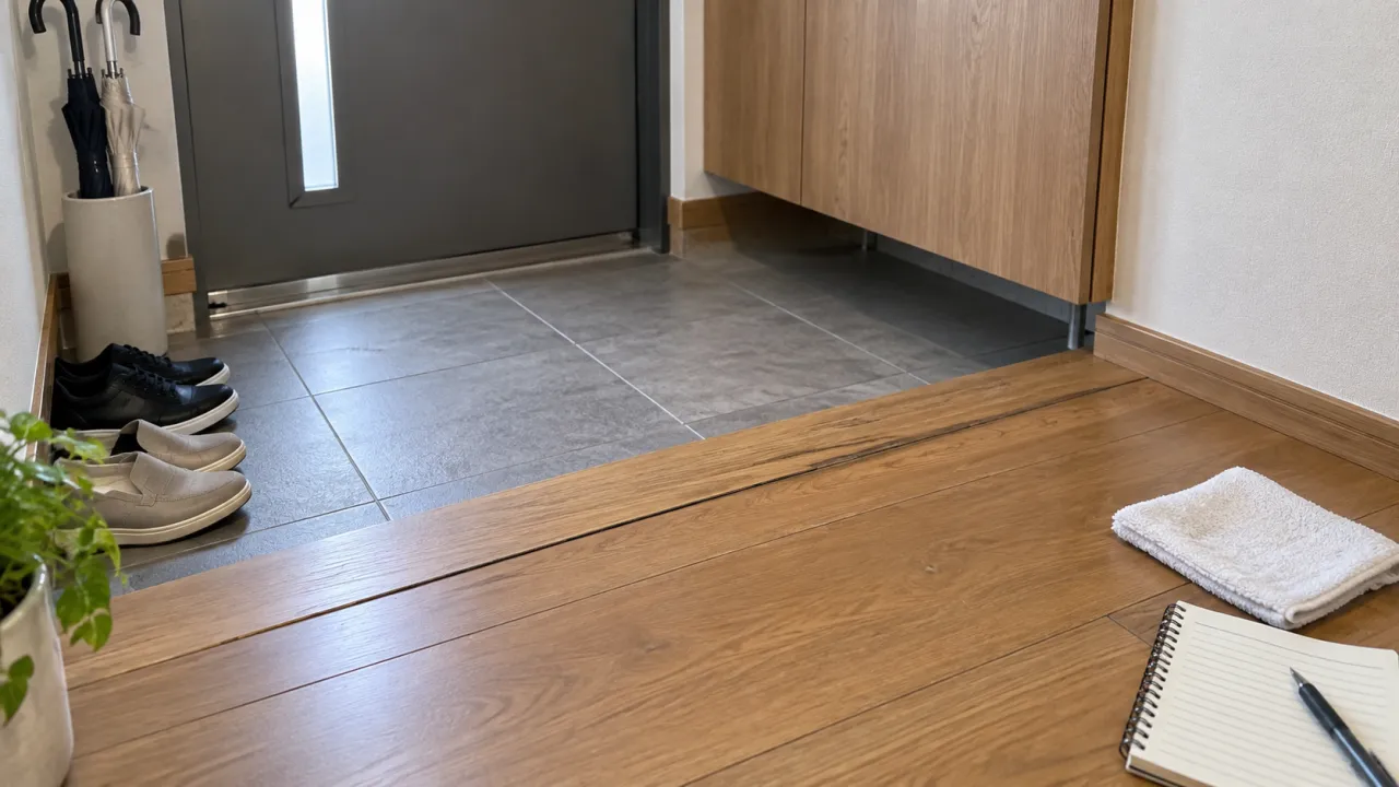 上がり框と土間タイルの継ぎ目の参考近接写真