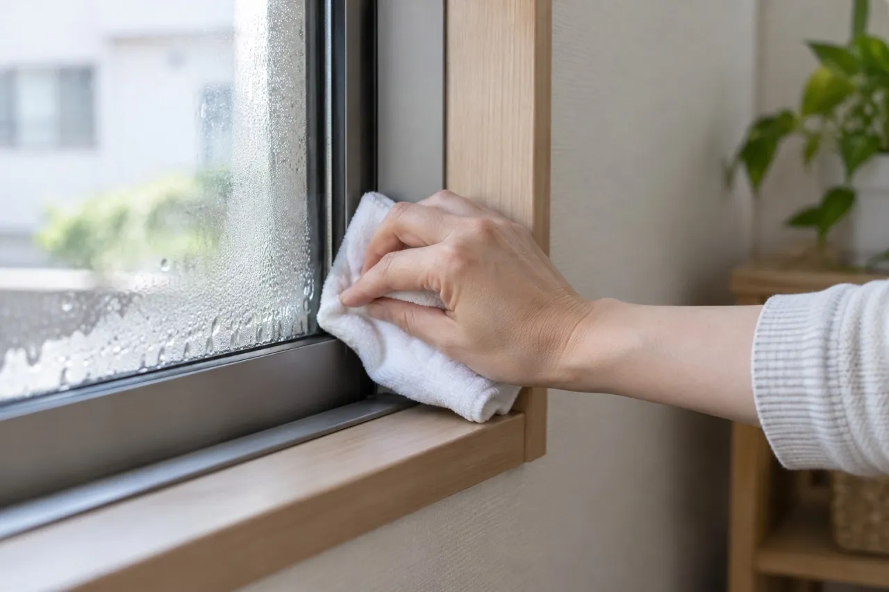 窓の下枠に残った結露を布で確認する様子