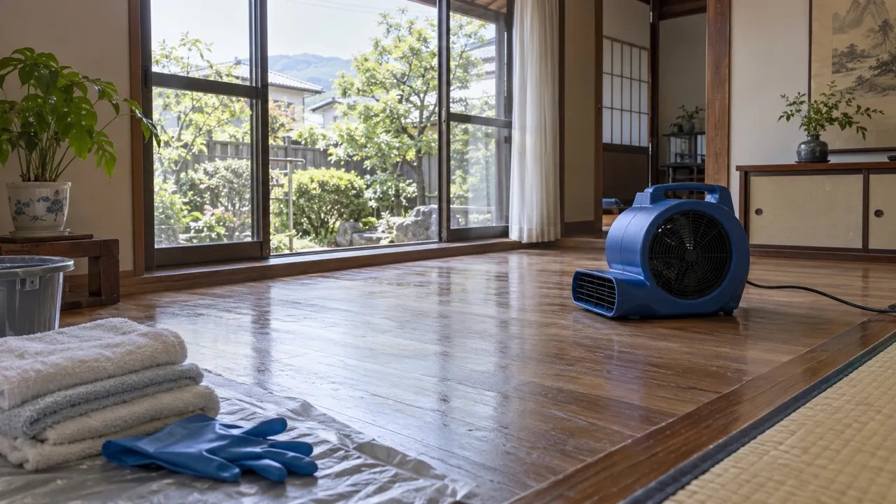 換気しながら床を乾燥させる室内の参考写真
