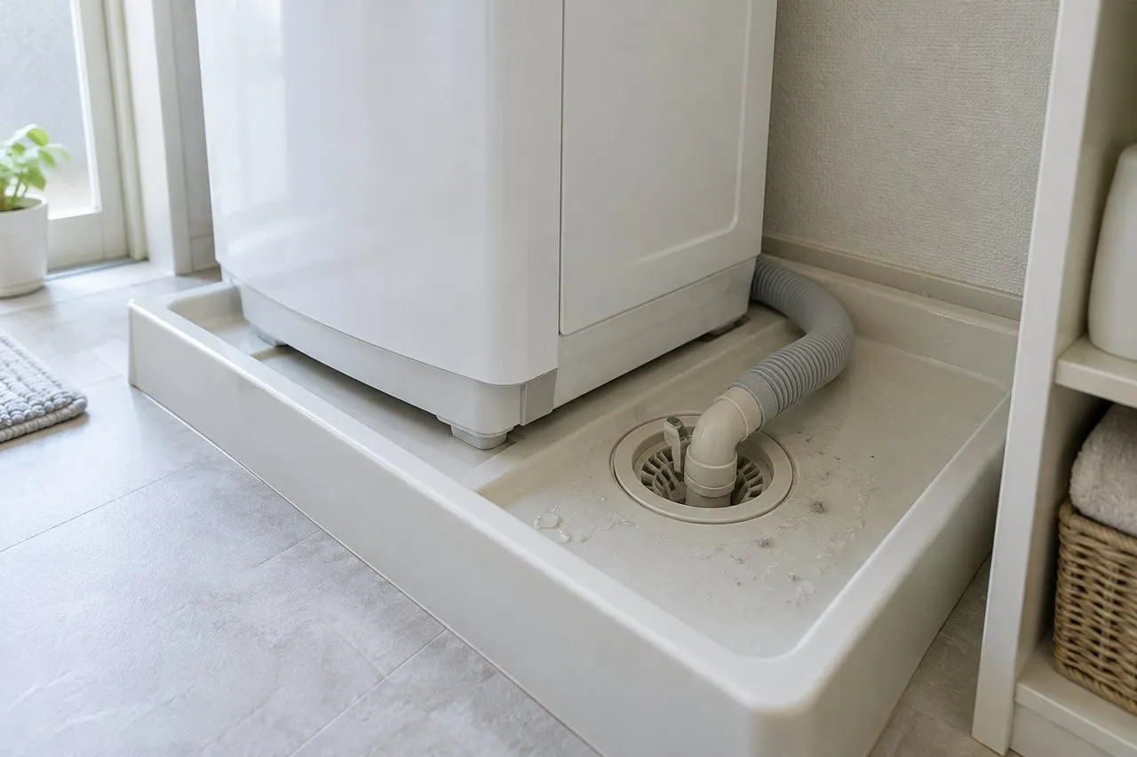 洗濯機防水パンと排水口の位置を示す参考写真