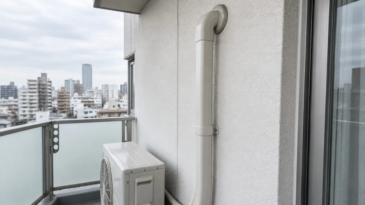 ベランダ側のエアコン配管カバーと外壁貫通部の参考写真