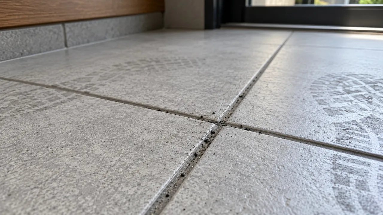 玄関タイルの目地と土汚れを示す参考写真