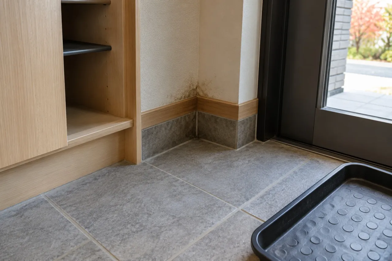 玄関収納の底板と玄関床を示す参考写真