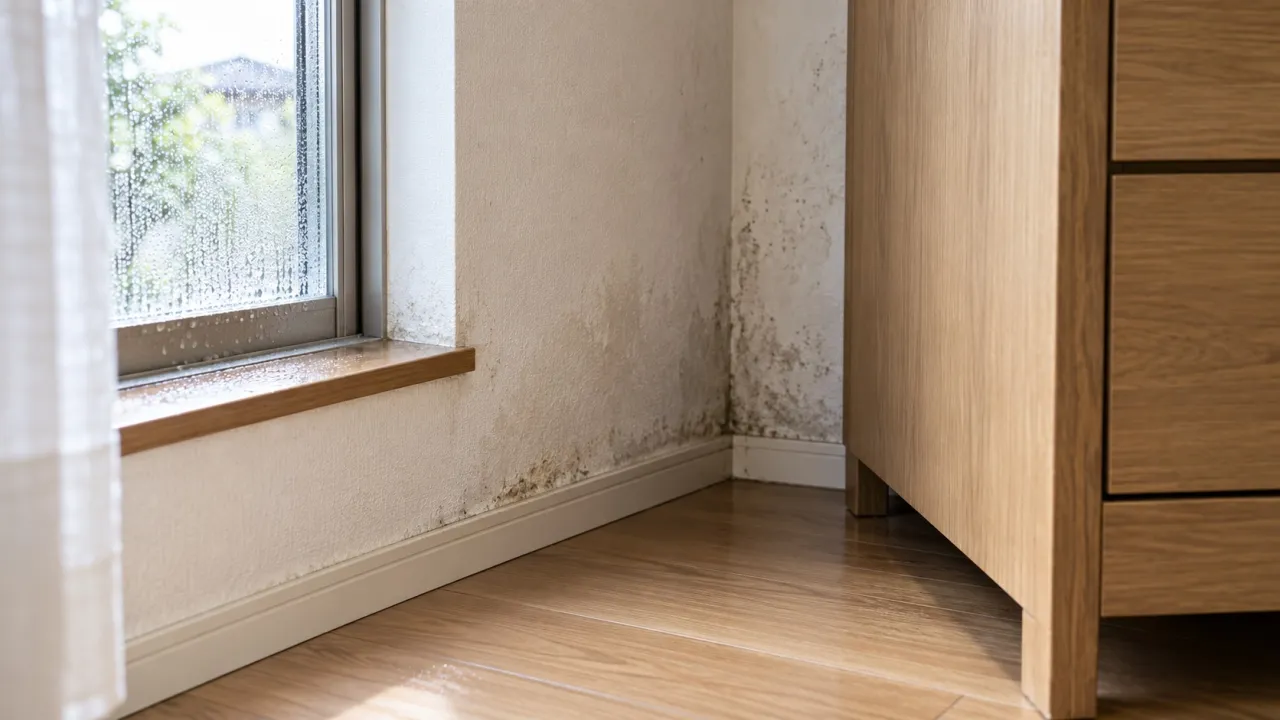 家具を少し離して壁際の水跡を確認する参考写真