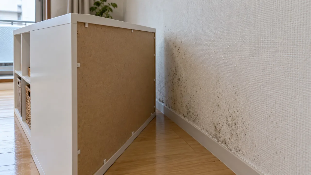 家具の背面と水分の経路