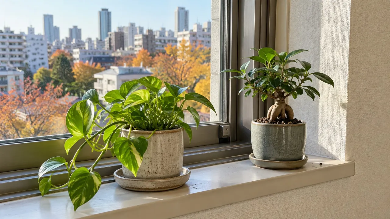 東京の窓台と観葉植物の鉢下の黒ずみ