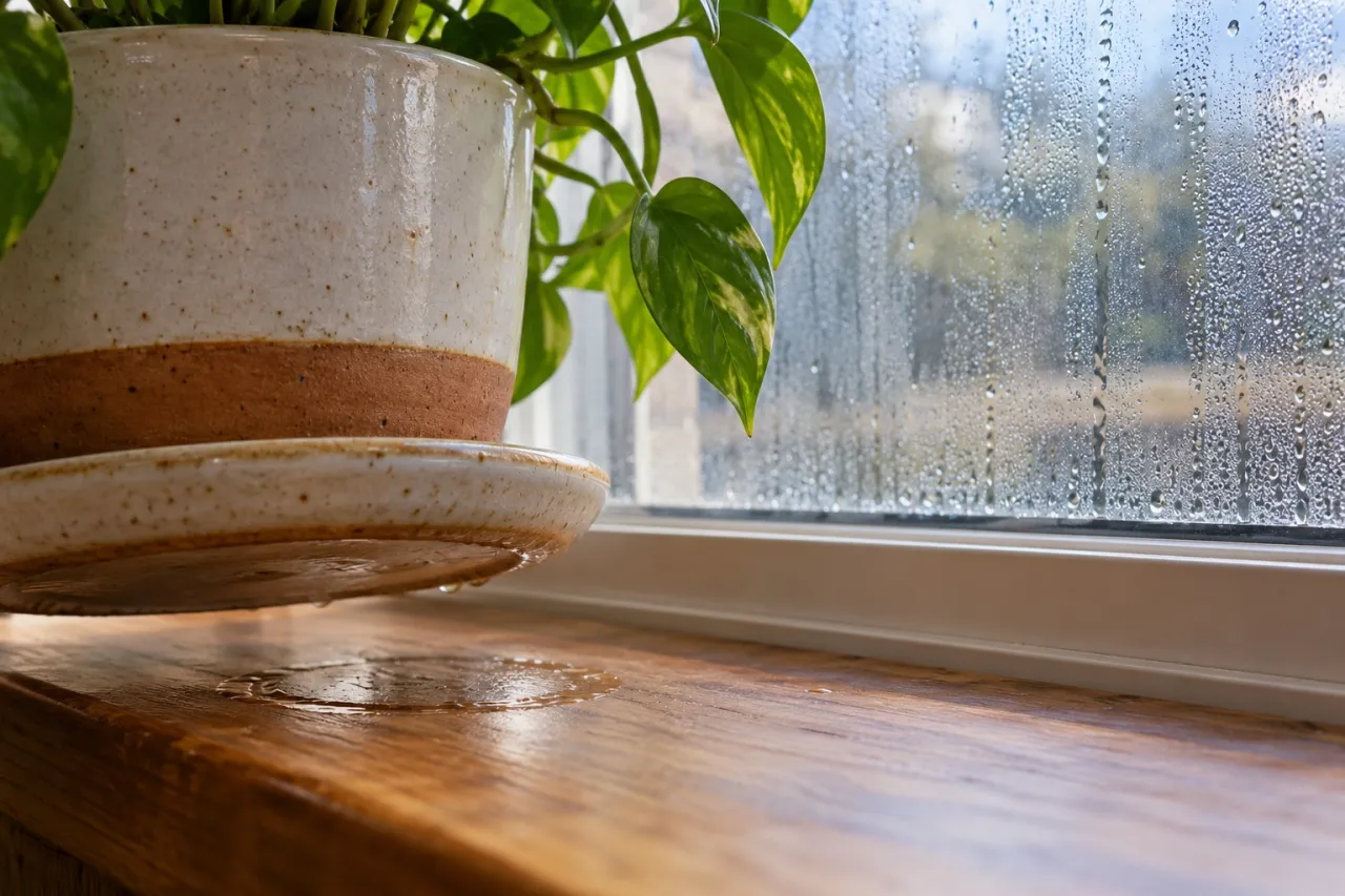 観葉植物の受け皿の下と窓の水滴