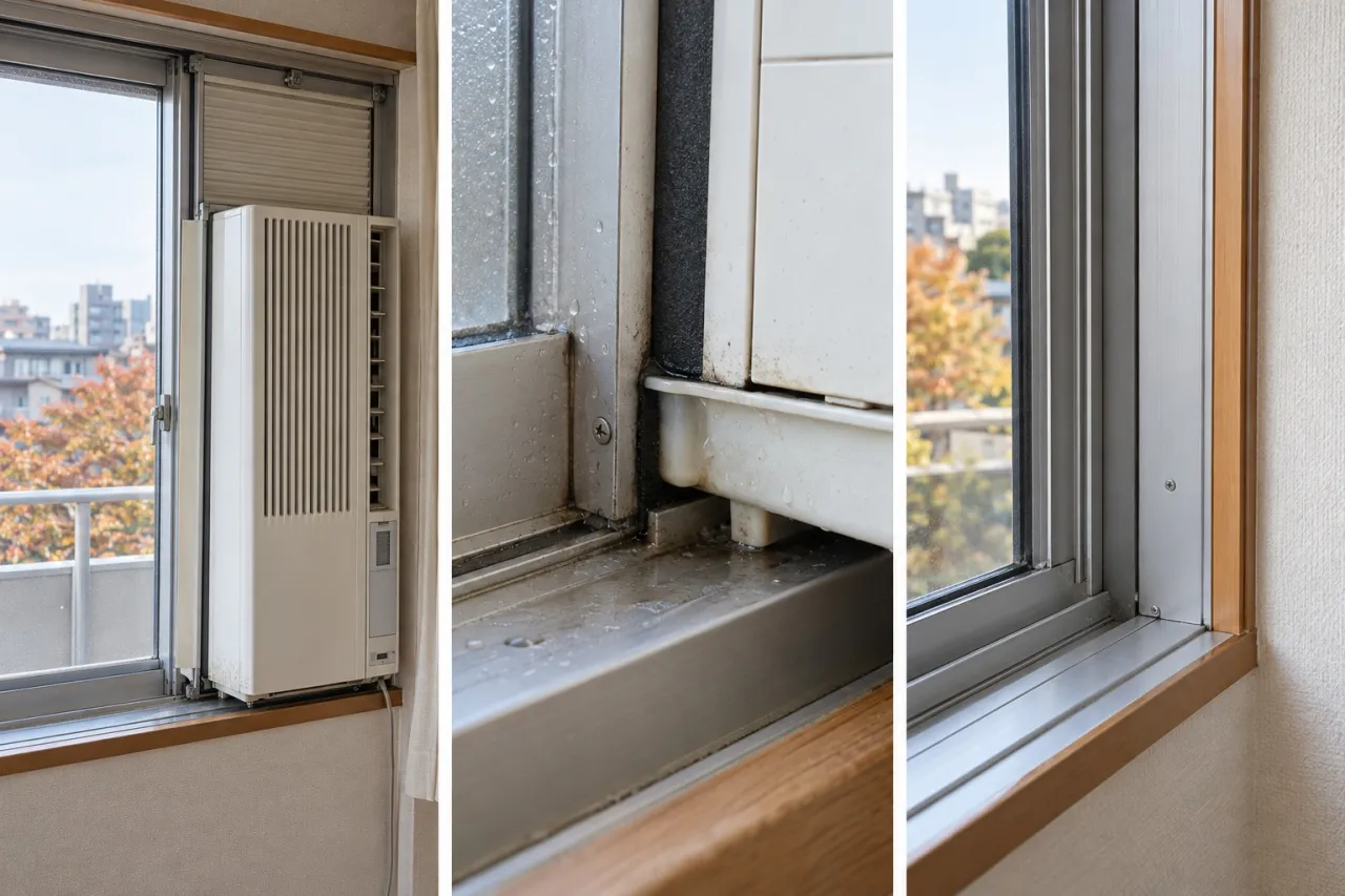 窓の下レールと機器の接点